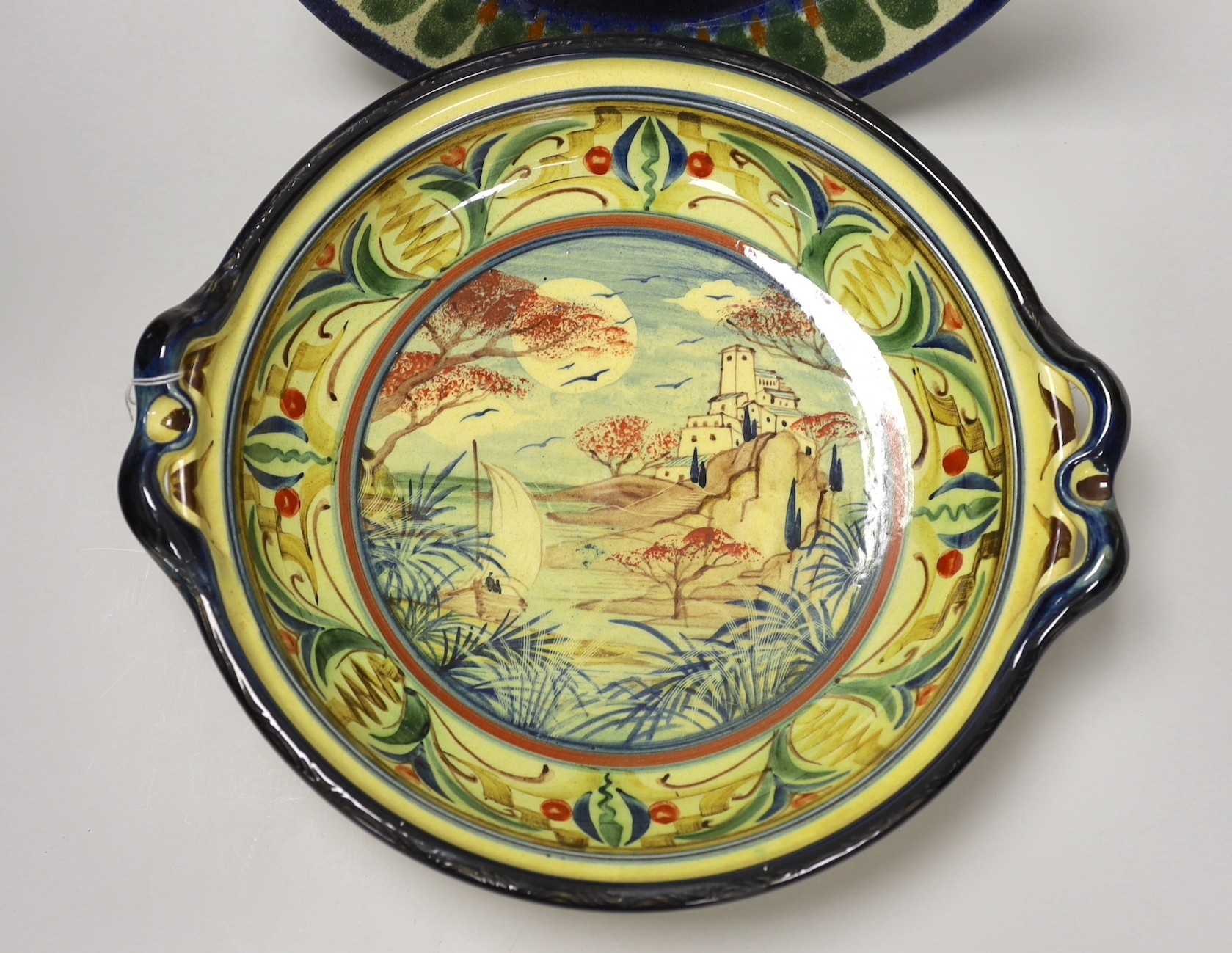 Barocco Valbonne - large painted dish, together with a Casa dos Oleiros Portuguese plate, largest 35cm across